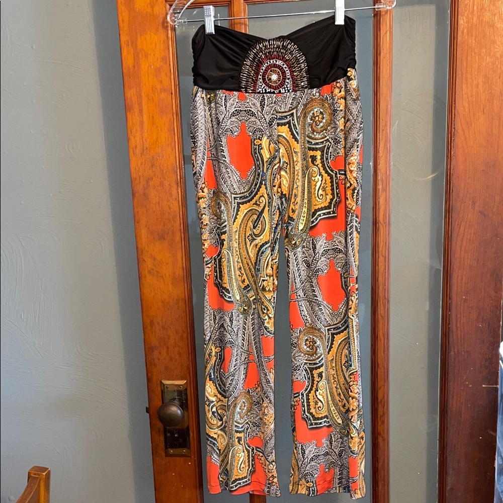 VENUS Black and Orange Paisley Pants